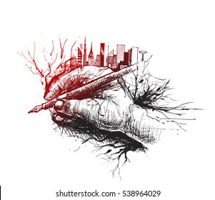 Skech of Hand holding pen isolated on white background with urban city - skyline Vector Illustration