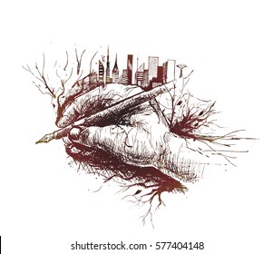 Skech of Hand holding pen isolated on white background with urban city - skyline Vector Illustration