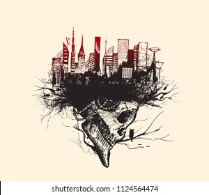 Skech of Skull isolated on white background with urban city - skyline Vector Illustration