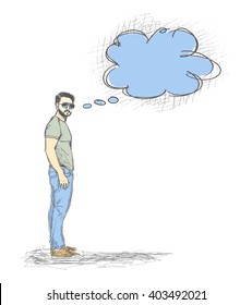 Skech of Young Man with a empty speech bubble on White Backgroud