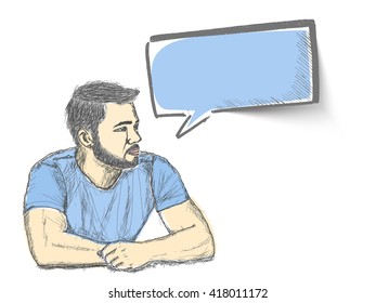 Skech of Young Man with a empty speech bubble on White Backgroud