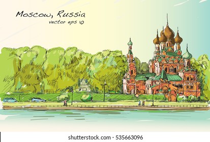 skecth of cityscape in Moscow, Russia, Orthodox church along river with people walk on the way public space, illustration vector