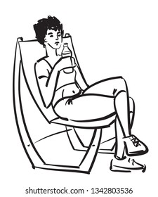 Skecth of young woman sitting with bottle of water. She have bre