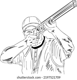Skeet Shooting Game Vector, Out Line Sketch Drawing Of Skeet Shooting Game, Silhouette Of Shooter Athlete, Shooting Game Logo