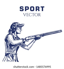 Skeet Shooting Woman. Hand Sketch Sport Vector