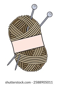 Skein of beige wool yarn and steel knitting needles - vector full color picture. Yarn and tool for needlework