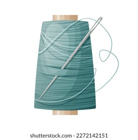 Skein of blue thread with a needle on an isolated background. Sewing tool.