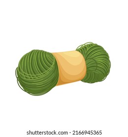 Skein of green knitting yarn. Female hobby knitwork, handicraft, hand-knitting. Vector illustration.