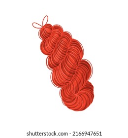 Skein of red knitting yarn. Female hobby knitwork, handicraft, hand-knitting. Vector illustration