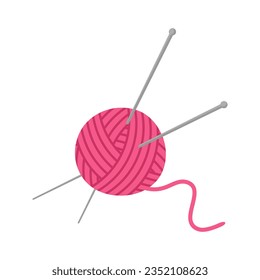 Skein of thread for knitting and knitting needles. Pink clew ball of thread isolated on white background. Flat illustration of Knitting needles and clew. Ball of yarn for handmade. Vector illustration