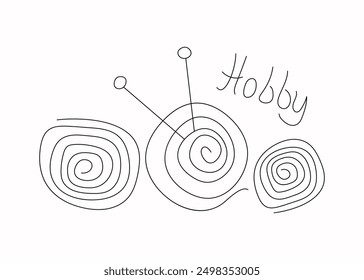 Skein of threads, knitting needles. Hobby, hand lettering. Handmade, linear icon, drawing. Abstract ball of wool. Illustration on isolated background.