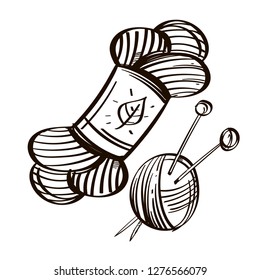 A skein of wool with a label that shows a leaf of a tree, next to knitting needles. Vector black and white drawing.
