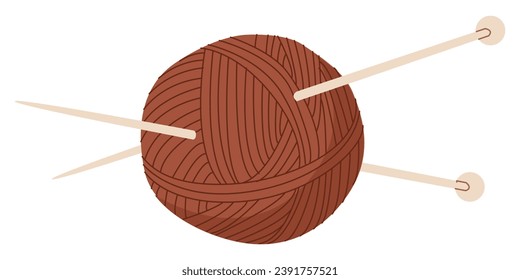 A skein of wool with two knitting needles stuck in. Vector illustration isolated on white background for home craft stores and postcard design. Hobbies for relaxation. Creating cozy things.