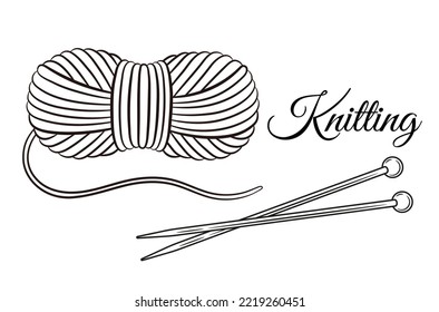 Skein wool yarn, ball thread with knitting needles for handmade knit line icon. Cotton clew filament roll for crocheting work tool. Hand needlework hobby. Material for winter knitwear clothes. Vector