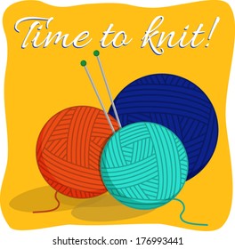 Skein of wool yarn with needles