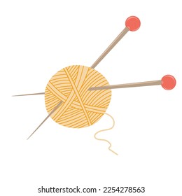 Skein of wool yarn with needles.  Female hobby. Hand drawn vector illustration of knitting supplies, hobby items, leisure time concept