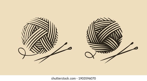 Skein of wool yarn with needles. Knitting, needlework symbol vector