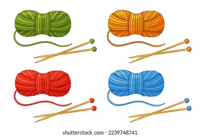 Skein wool yarn thread, ball with knitting needles icon set. Cotton clew filament roll for handmade knit, crochet. Hand needlework hobby. Material for woolen knitwear clothes. Handicraft tool. Vector