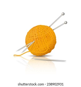 skein of yarn with knitting needles and crochet with reflection on a white background