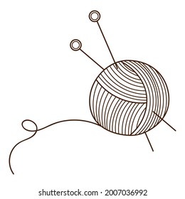 A skein of yarn with knitting needles. Needlework, knitting. Design element with outline. Doodle, hand-drawn. Black white vector illustration. Isolated on a white background