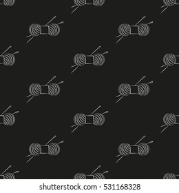 Skein of yarn with knitting needles. Seamless pattern on black background. Vector illustration. Flat design style. Swatch inside