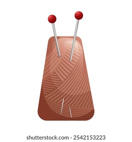 Queda de fio com agulhas de tricô. Ilustração vetorial de meada de fios de lã fundo branco estilo cartoon. Artesanato de passatempo e conceito artesanal.