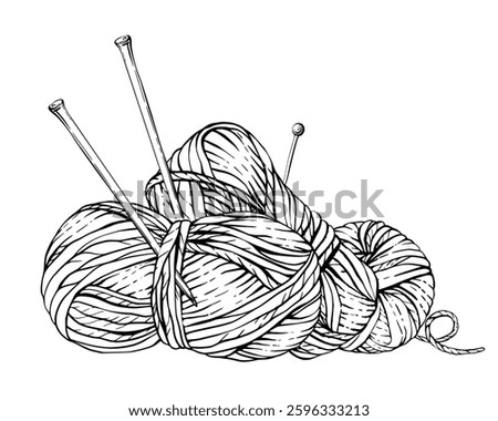 Skeins of knitting thread, balls of yarn with knitting needles and pins. Vector black line art hand drawing illustration. Hobby knitting composition for handmade product label. 3D Illustration
