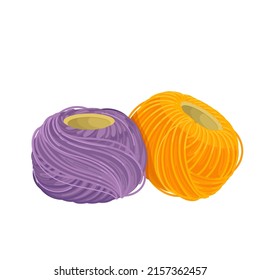 Skeins of nitting yarn. Ball of wool thread. Female hobby knitwork, handicraft, hand-knitting. Vector illustration