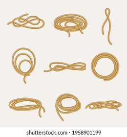 Skeins and rope trimming set. Twisted strong cord for secure tie down and fall arrest nautical rope knotted sails lasso for lassoing wild horses catching cattle. Vector reliability.