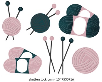 Skeins, tangle and knitting needles isolated on a white background.