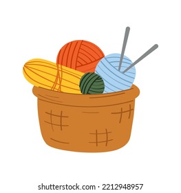 Skeins of wool and knitting needles in a basket. Vector illustration