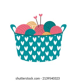 Сolorful skeins of wool yarn and needles in a knitting basket. Vector flat illustration, isolated, cartoon, clipart. 