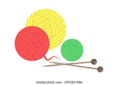 Skeins of yarn and knitting needles. Equipment for knitting. Vector illustration.