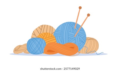 Skeins of yarn with wooden spokes. Knitting and sewing elements compositions. Handcraft creative, woolen balls for knitwear, dressmaking cloth. Cartoon flat style isolated vector concept