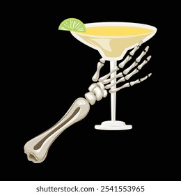 Skeletal arm holding a margarita glass with lime slice, spooky and festive Halloween cocktail illustration