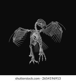 A skeletal bird with spread wings, intricately detailed in black and white wireframe style, stands out against a dark background. The realistic bone structure and dynamic pose create a striking.