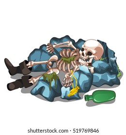 Skeletal corpse of a man lying on the stones isolated on white background. The skeleton of a human. Vector illustration.