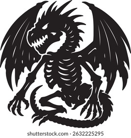 Skeletal dragon silhouette with wings design graphic vector