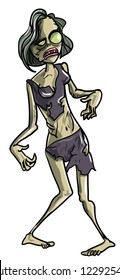 Skeletal female zombie or living dead reanimated corpse in ragged clothes with a grotesque expression for your Halloween greeting, vector illustration isolated on white