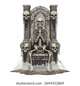 A skeletal figure sits on an elaborate stone throne adorned with multiple human skulls, emanating a gothic and macabre aesthetic.
