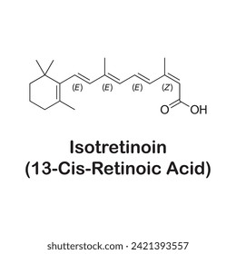 Skeletal formula of isotretinoin (13-cis-retinoic acid, Accutane, Roaccutane).is a medication primarily used to treat severe acne. It is also used to prevent certain skin cancers (squamous-cell