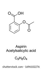 Fórmula esquelética y estructura molecular de la aspirina. Ácido acetilsalicílico. Medicamento utilizado para reducir el dolor, la fiebre o la inflamación. Uno de los medicamentos más utilizados. Inglés.  Ilustración. Vector.