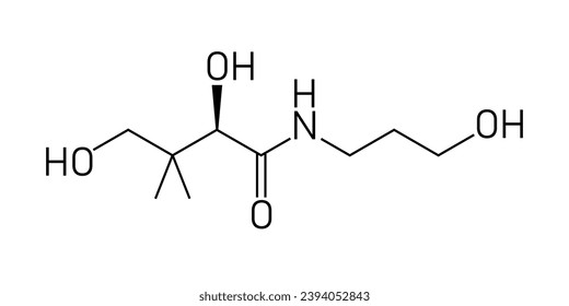 Skeletal formula of Panthenol. Chemical structure of Panthenol (C9H19NO4). Chemical resources for teachers and students. Vector illustration isolated on white background.