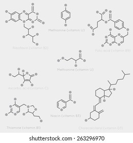 Skeletal formulas of some vitamins. Schematic image of chemical organic molecules, nutrients.