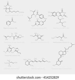 Skeletal formulas of some vitamins. Schematic image of chemical organic molecules, nutrients.