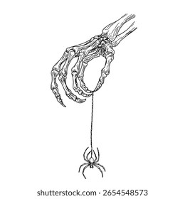 Uma mão esquelética com garras segura uma aranha em uma teia de aranha, esboço de tinta preta e branca. Ilustração vetorial. Decoração de Halloween clássico - ossos, esqueletos e bruxas, isolado em um fundo branco.