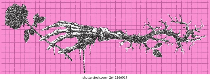 A skeletal hand holds a rose, merging beauty and decay against a bright pink grid. Intricate thorns snake along the hand, symbolizing the contrast between life and death in this creative artwork.