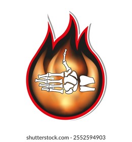 Skeletal hand made of bones against a background of flames. A sticker with a hand made of bones. A skeleton for Halloween celebration. A separate design element for websites and streaming.