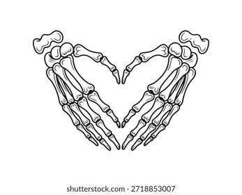 Manos esqueléticas formando una forma de corazón con contorno negro en blanco manos esqueléticas forma de corazón
