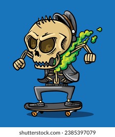 Skeletal skateboarder skates haunting people on the day of the dead.